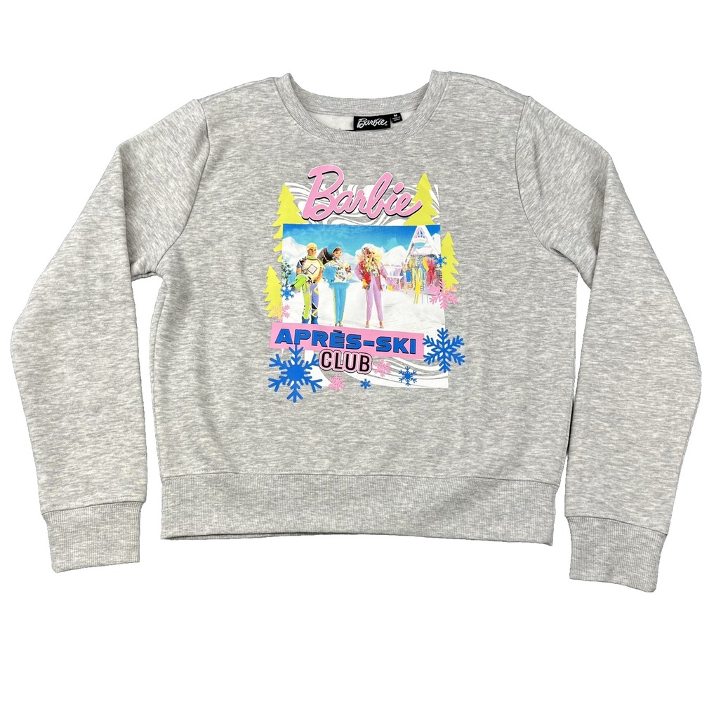 Barbie Sweatshirt Women M Grey Apres-Ski Club Graphic Fleece Pullover Retro New